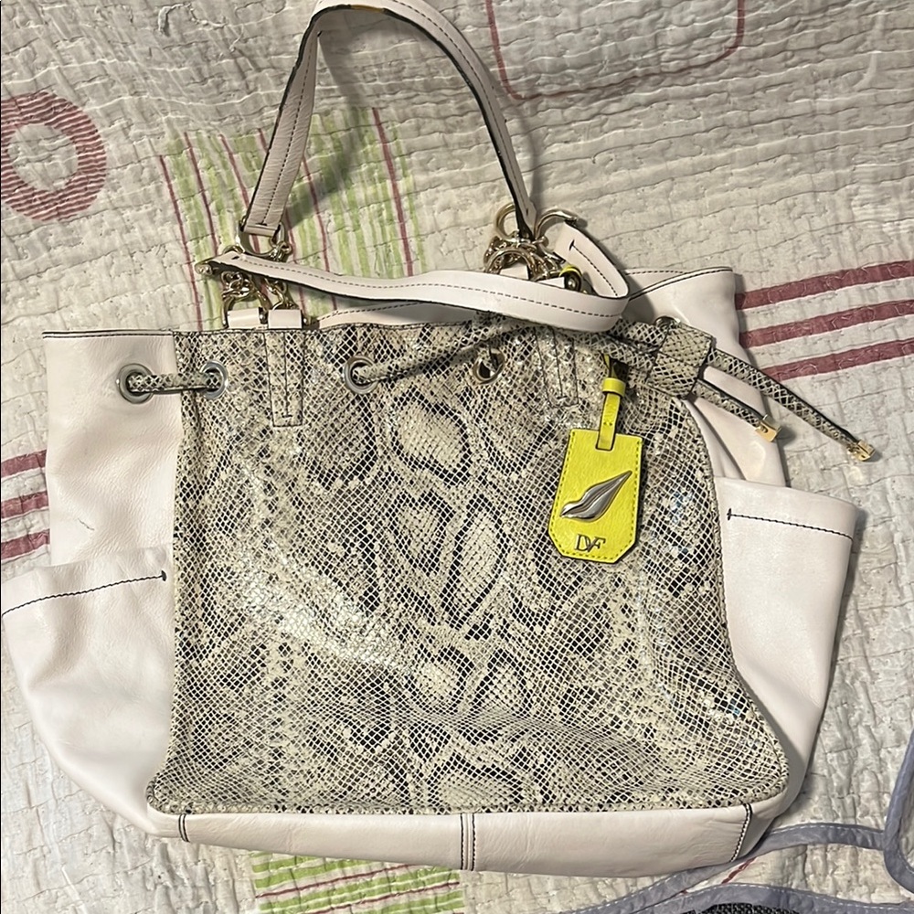 Diane Von Furstenberg Cream and Gray Shoulder Bag with Sophisticated Snake Print
